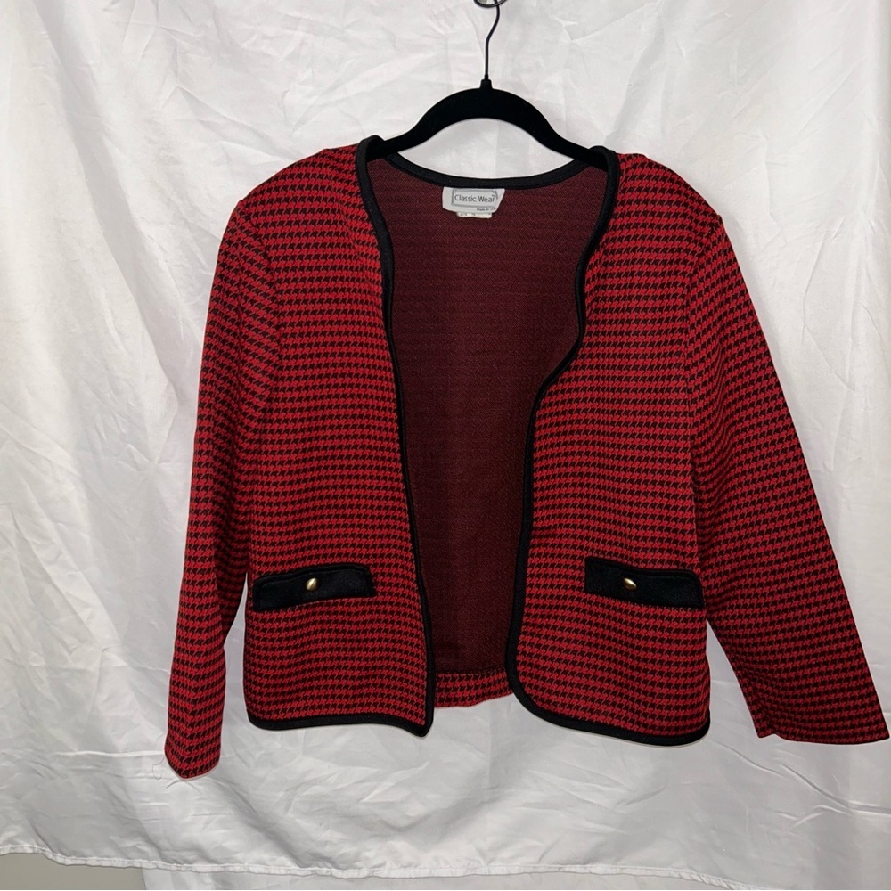 Classic Wear Red and Black Houndstooth Blazer vintage shoulder pads open front